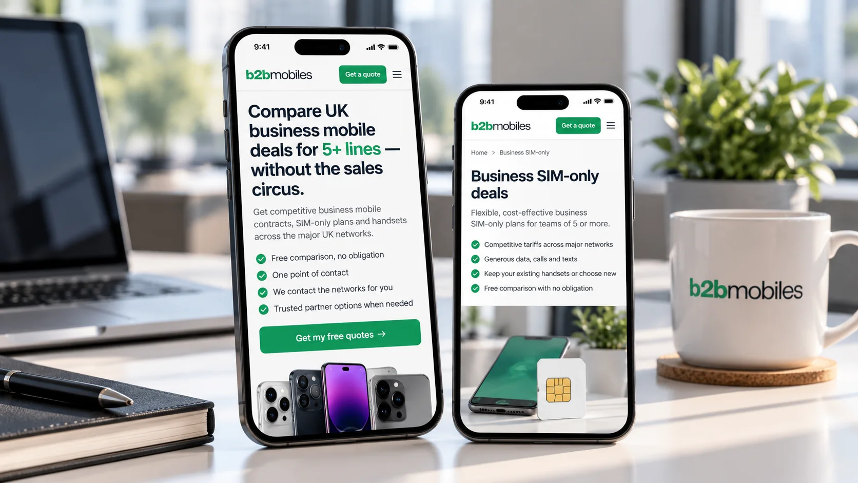 Two smartphones showing the B2B Mobiles business mobile comparison and SIM-only websites on a professional office desk